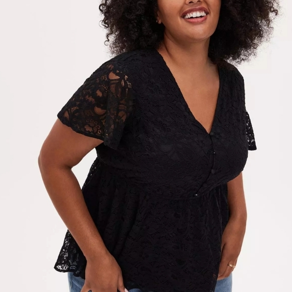 Black Lace Button Down‎ Peplum Top